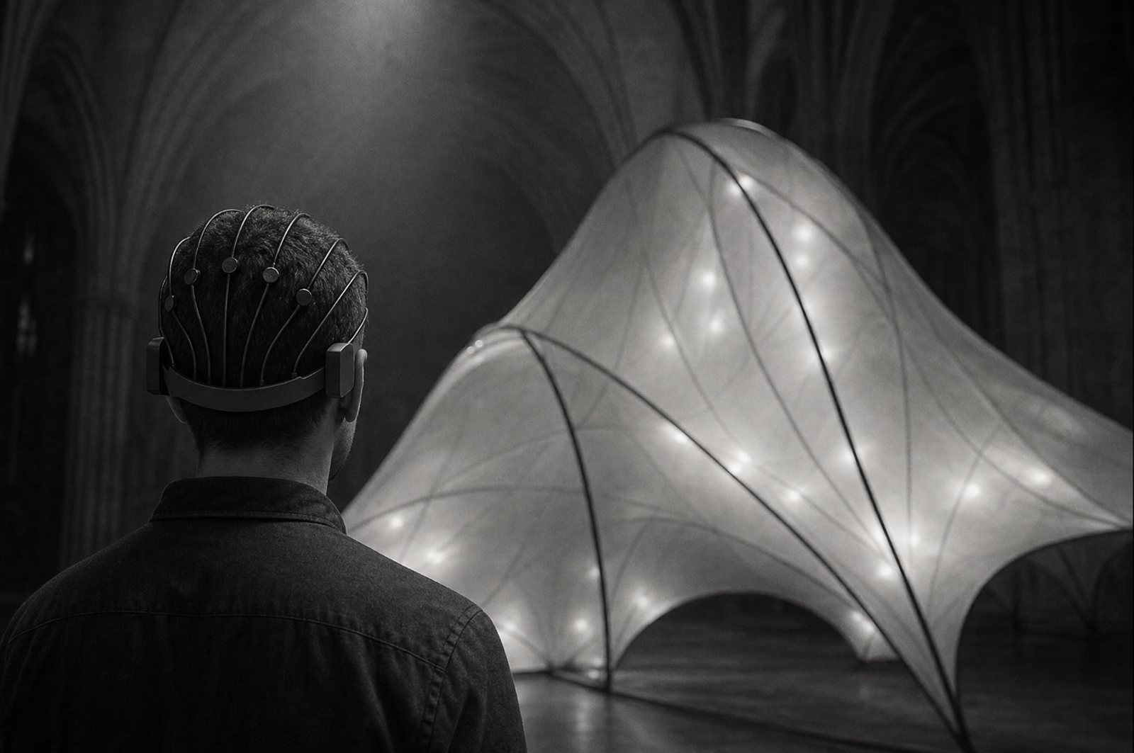 A man seen from behind wearing an EEG headset, facing a glowing soft-robotic membrane