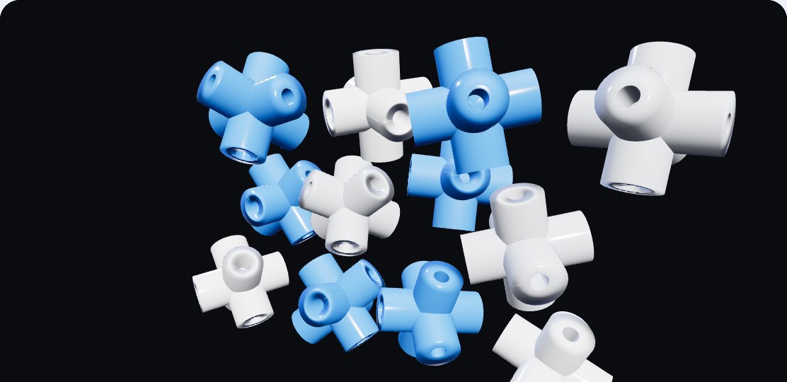 A cluster of glossy 3D connector shapes