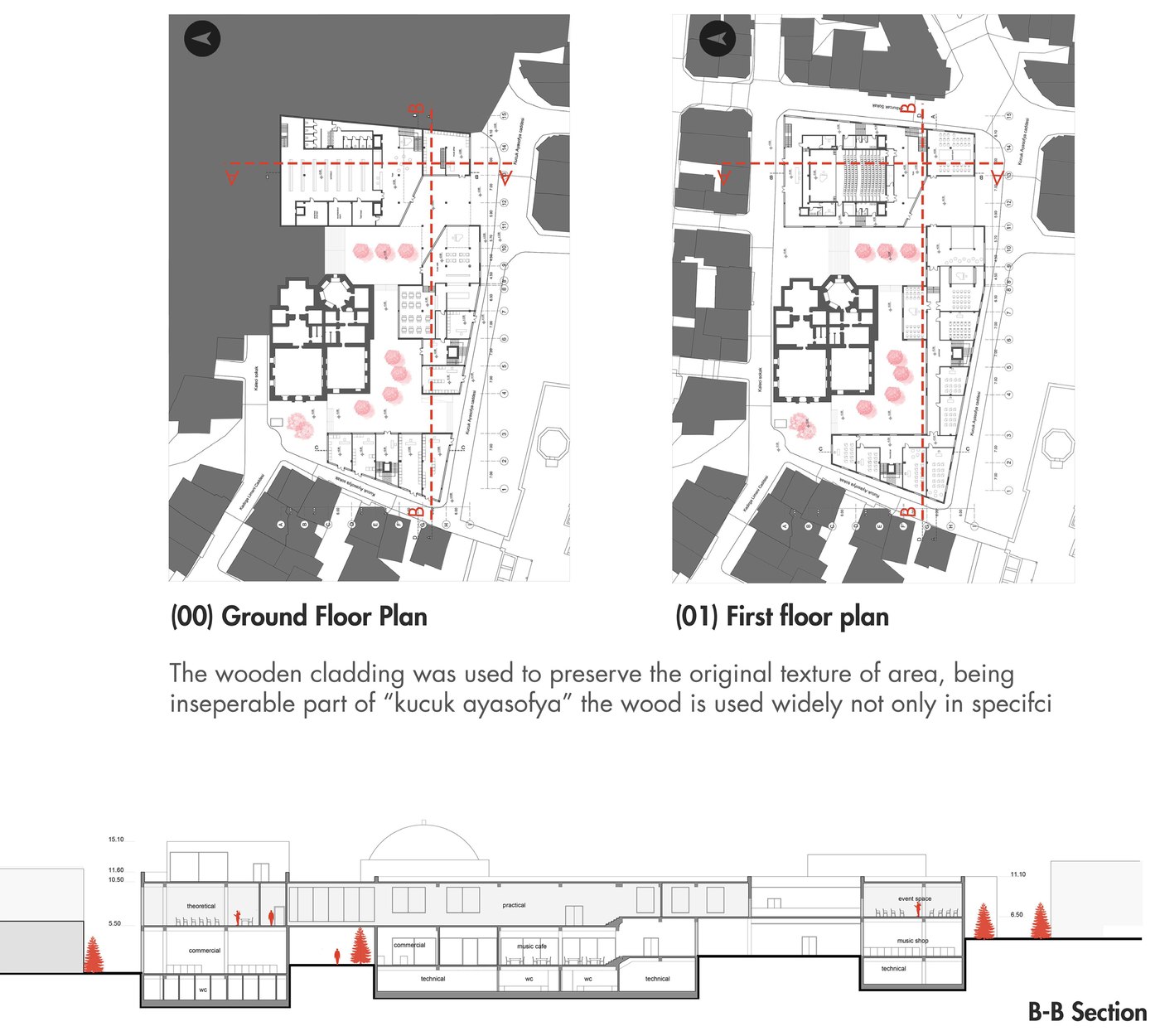 Ground and first floor plans with section B-B